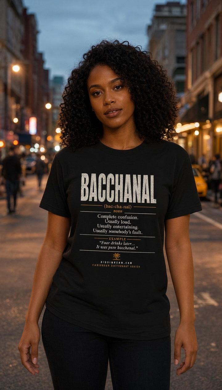 Bacchanal Caribbean Dictionary t-shirt mockup worn by a model in a cinematic urban setting.