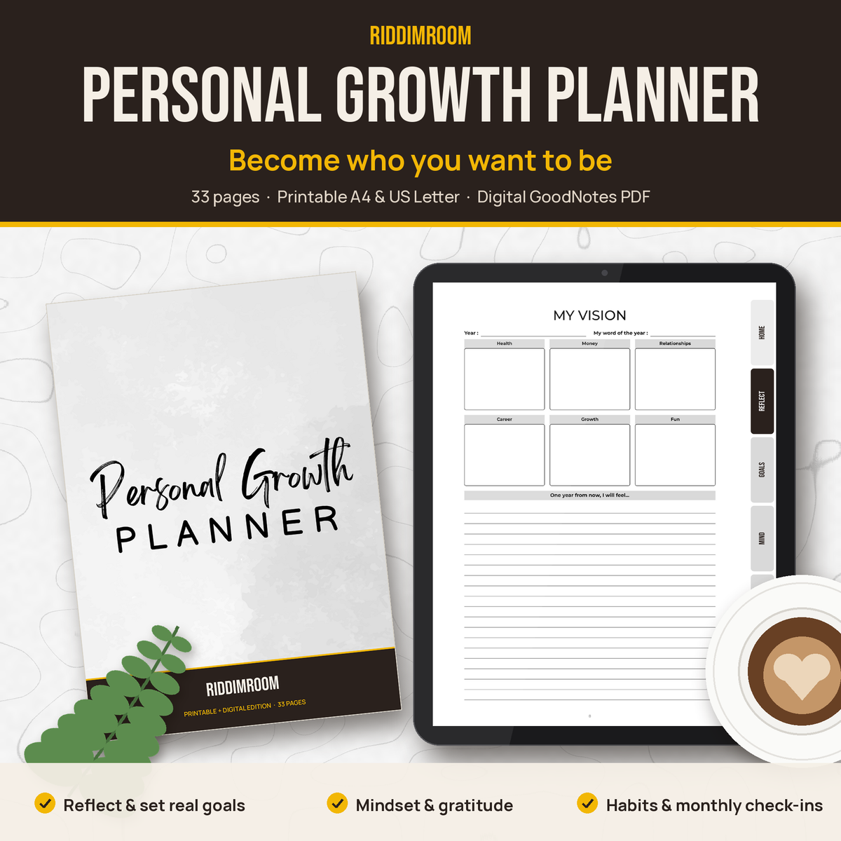 RiddimRoom Personal Growth Planner: printed cover and digital version on a tablet