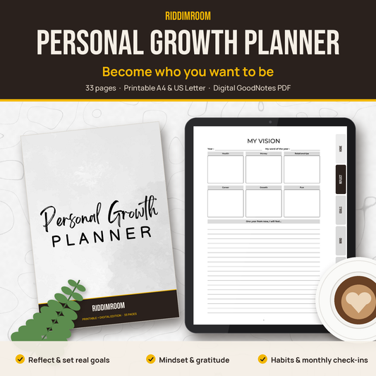 RiddimRoom Personal Growth Planner: printed cover and digital version on a tablet