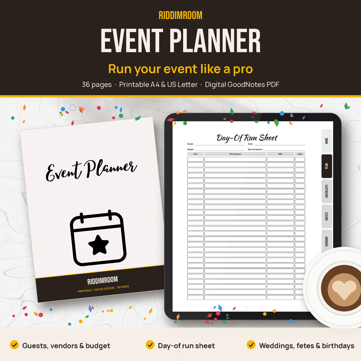 RiddimRoom Event Planner: printed cover and digital version on a tablet