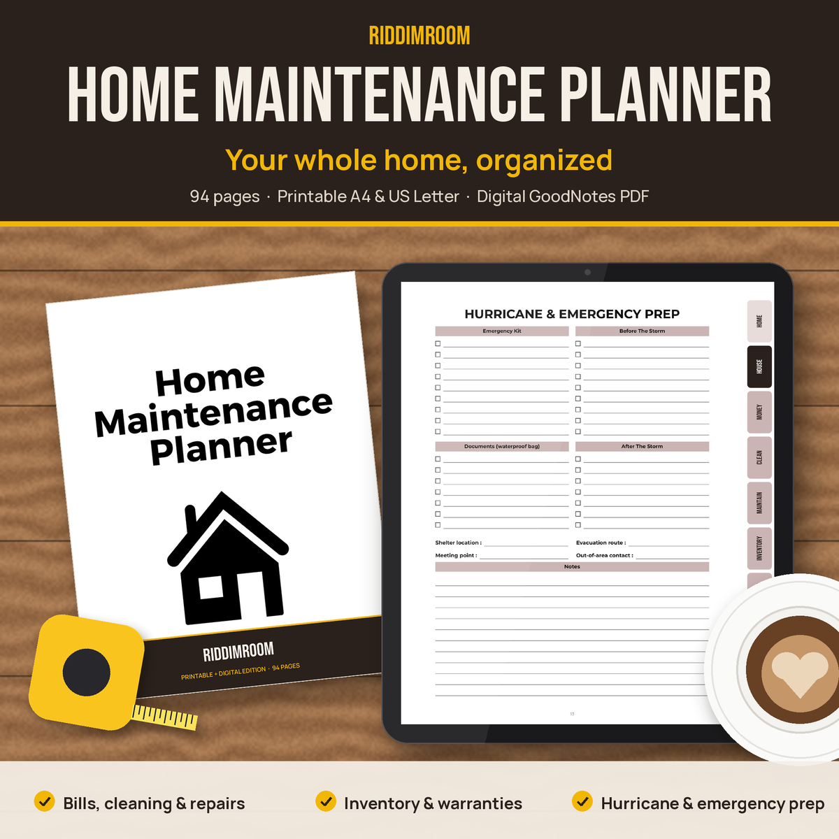 RiddimRoom Home Maintenance Planner: printed cover and digital version on a tablet