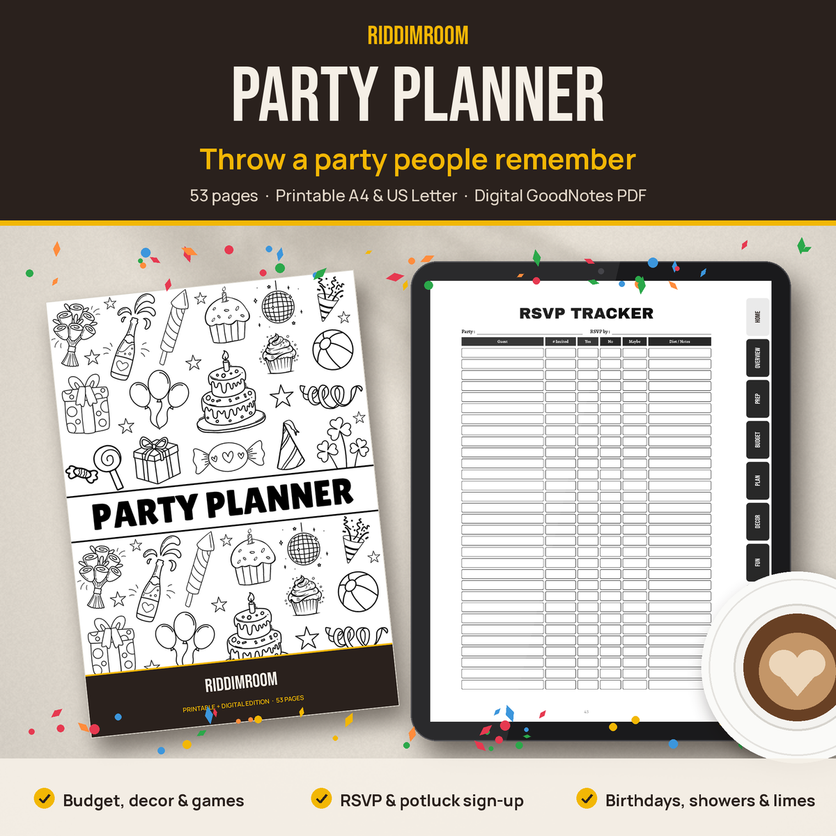 RiddimRoom Party Planner: printed cover and digital version on a tablet