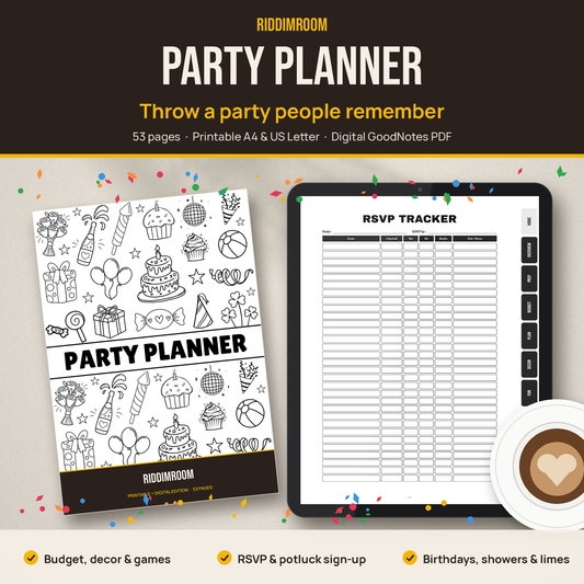 RiddimRoom Party Planner: printed cover and digital version on a tablet