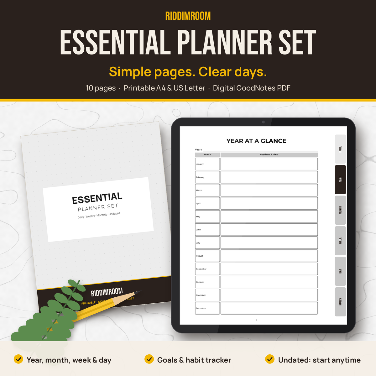 RiddimRoom Essential Planner Set: printed cover and digital version on a tablet