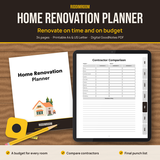 RiddimRoom Home Renovation Planner: printed cover and digital version on a tablet