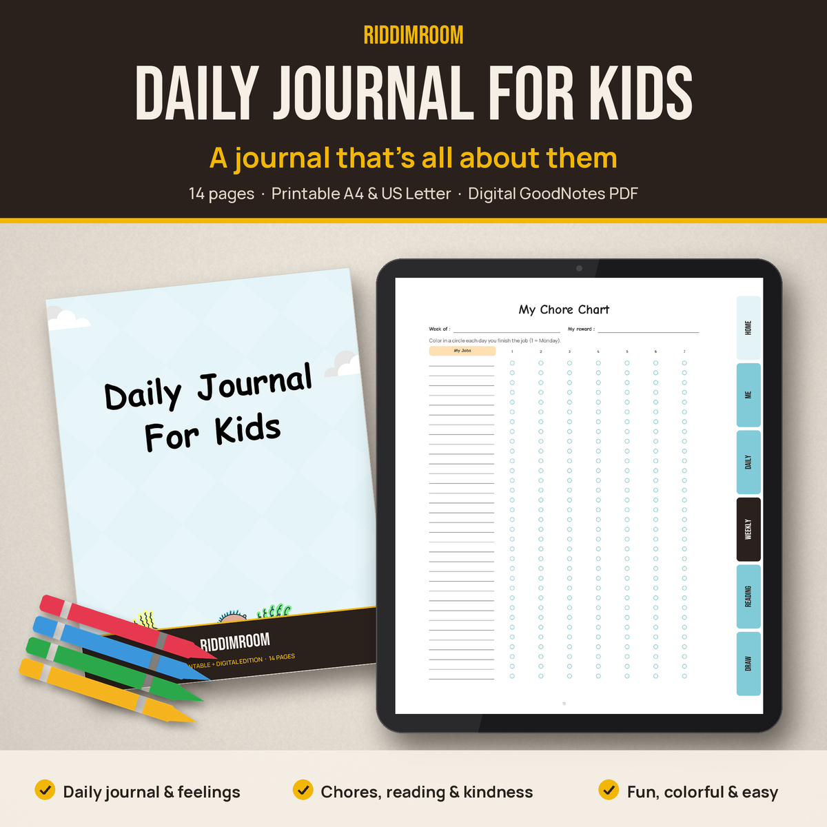 RiddimRoom Daily Journal for Kids: printed cover and digital version on a tablet