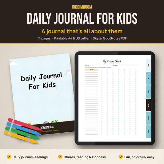 RiddimRoom Daily Journal for Kids: printed cover and digital version on a tablet