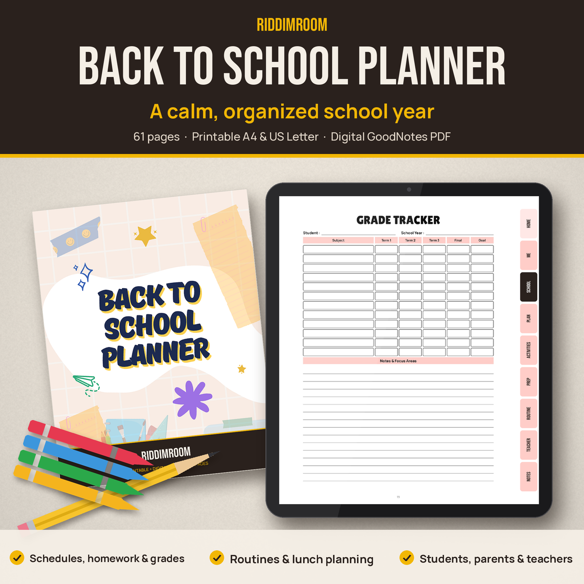 RiddimRoom Back to School Planner: printed cover and digital version on a tablet