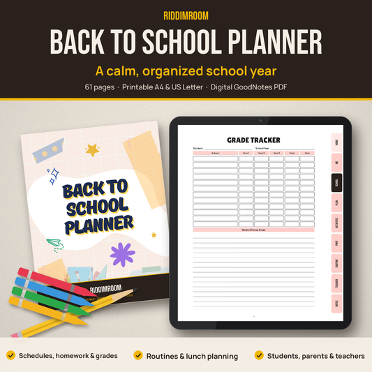 RiddimRoom Back to School Planner: printed cover and digital version on a tablet