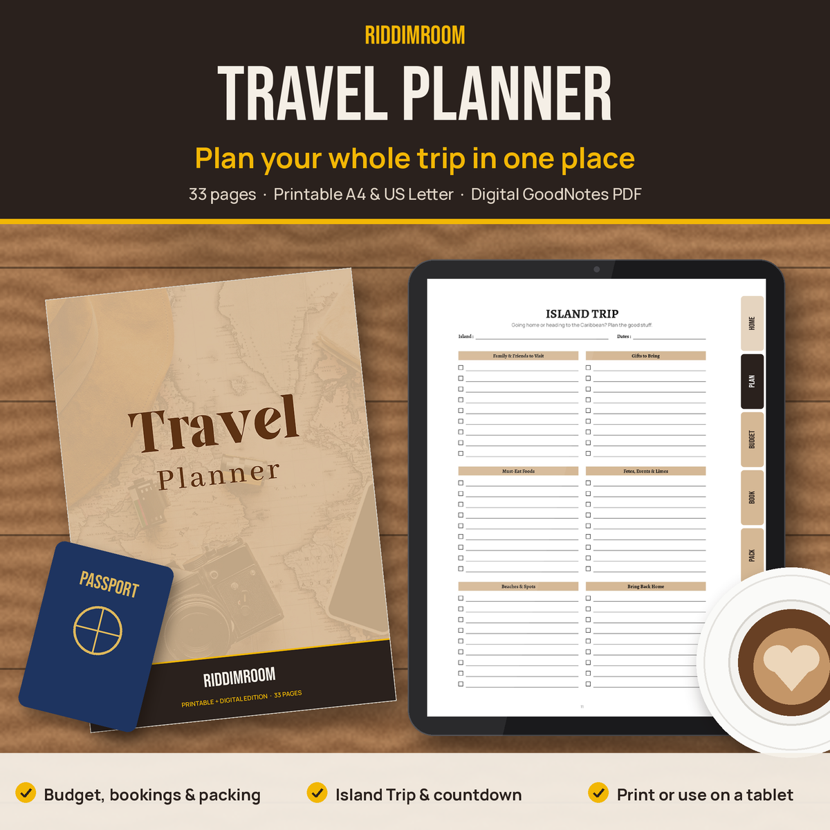 RiddimRoom Travel Planner: printed cover and digital version on a tablet