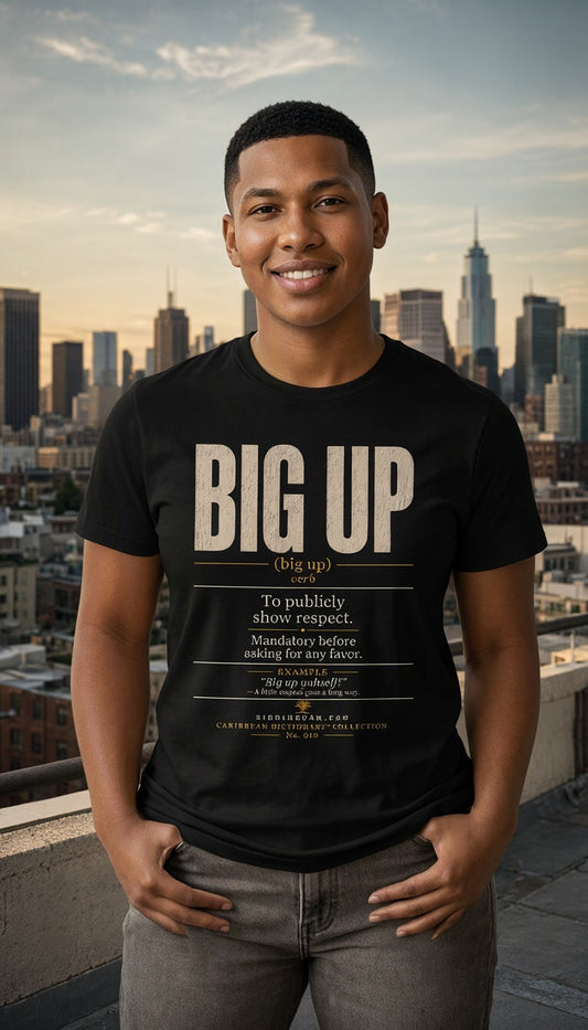 Big Up Yourself Caribbean Phrase T-Shirt — T-shirt mockup worn by a model in a cinematic urban setting