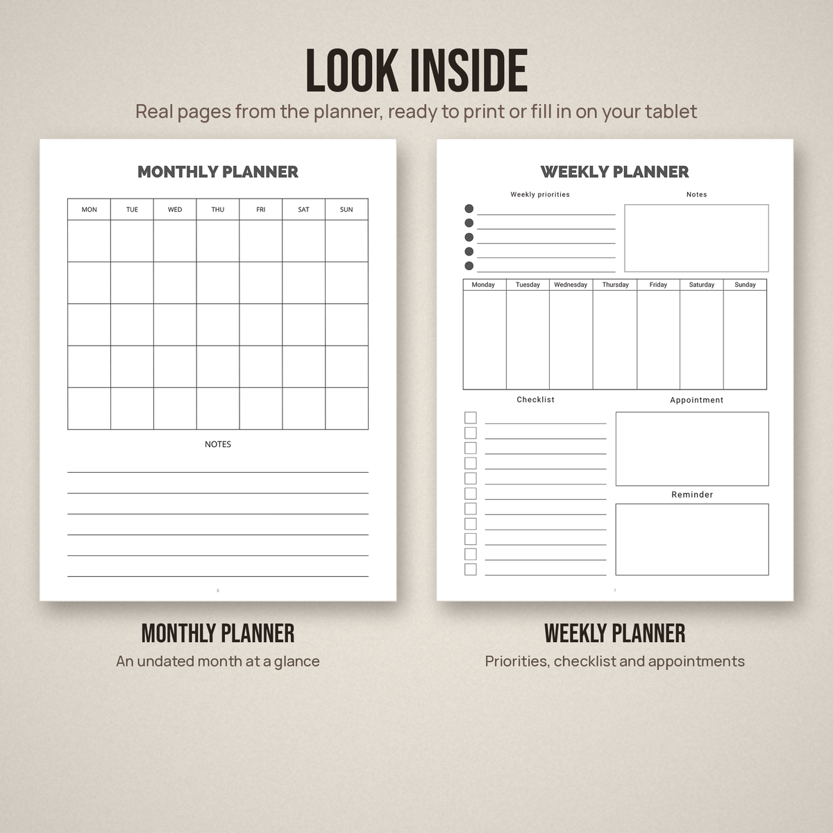 Two sample pages from the essential planner set