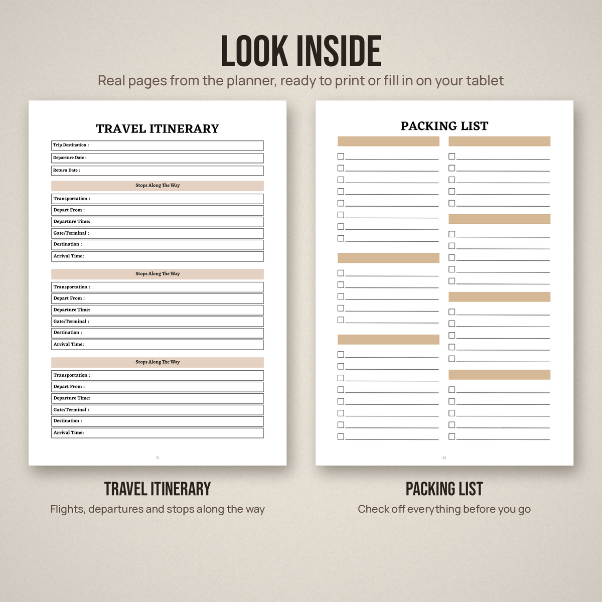Two sample pages from the travel planner