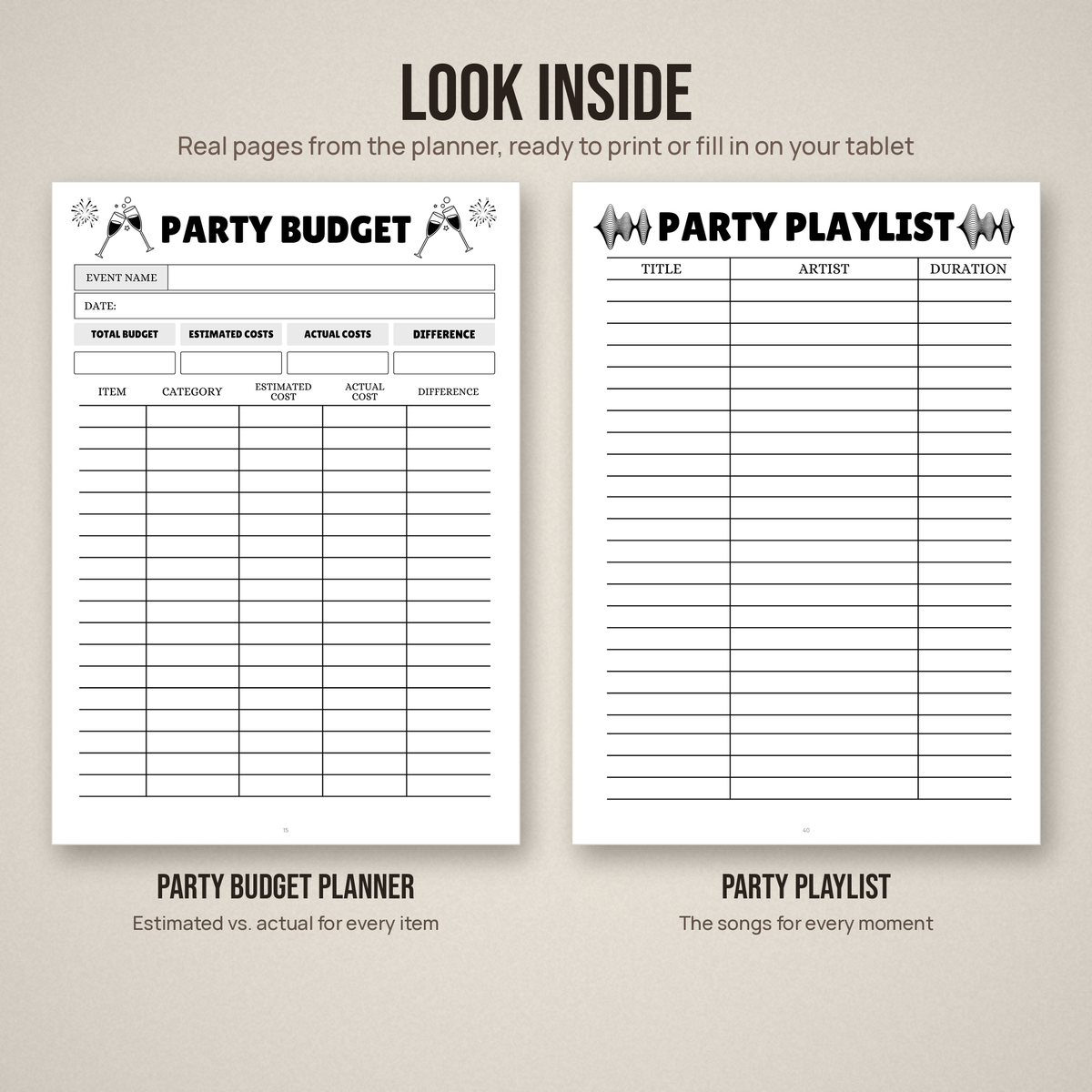 Two sample pages from the party planner