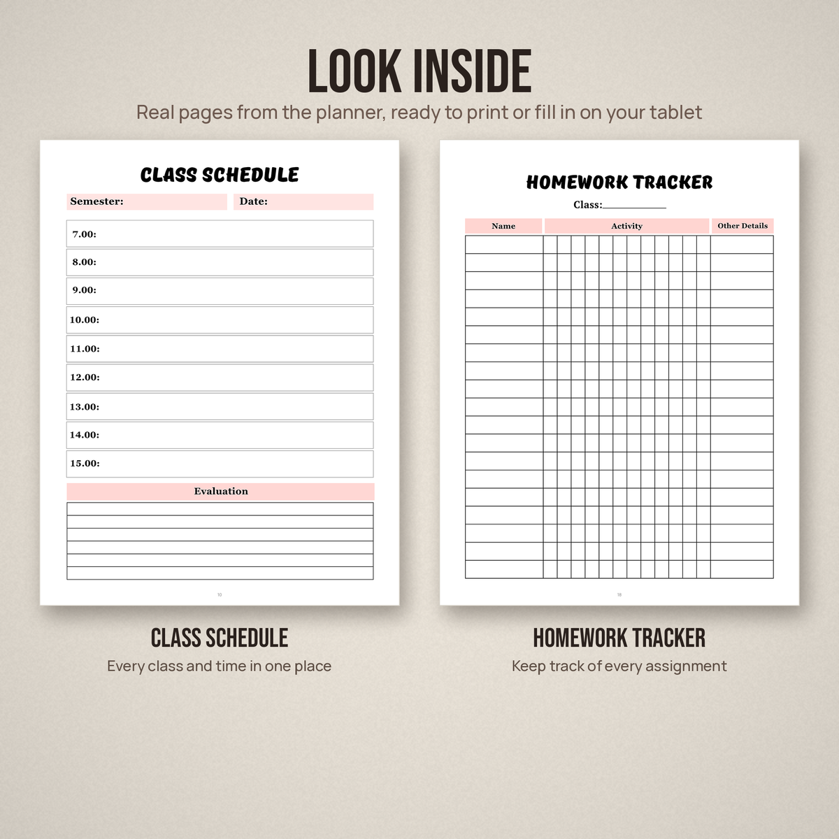 Two sample pages from the back to school planner