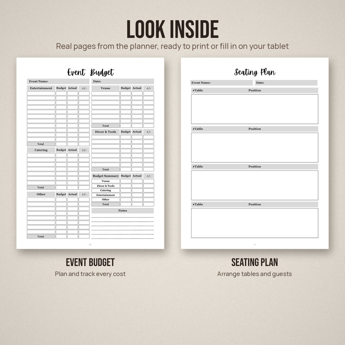 Two sample pages from the event planner