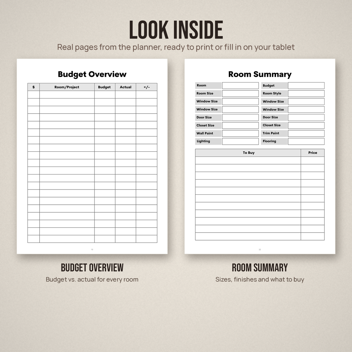 Two sample pages from the home renovation planner