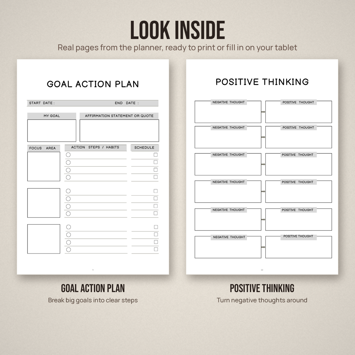 Two sample pages from the personal growth planner