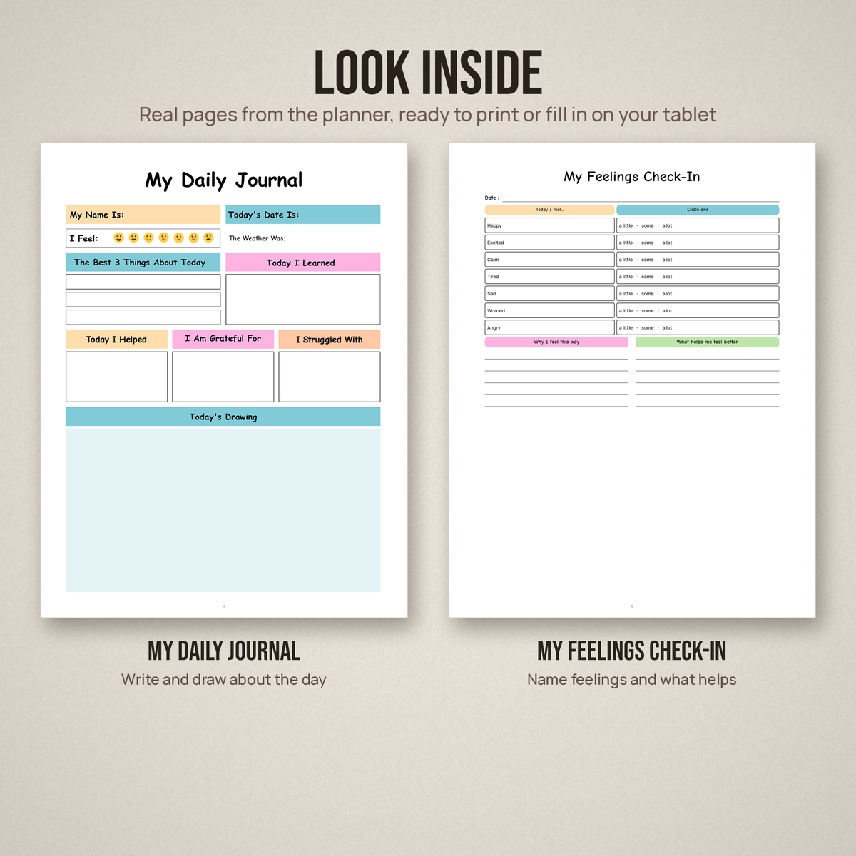 Two sample pages from the daily journal for kids