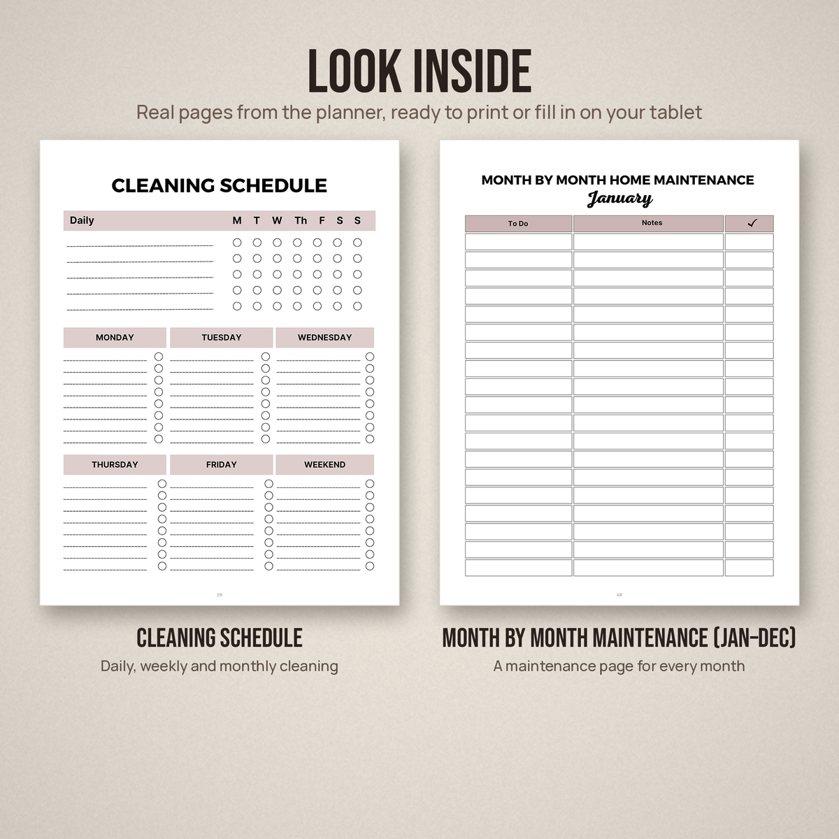 Two sample pages from the home maintenance planner