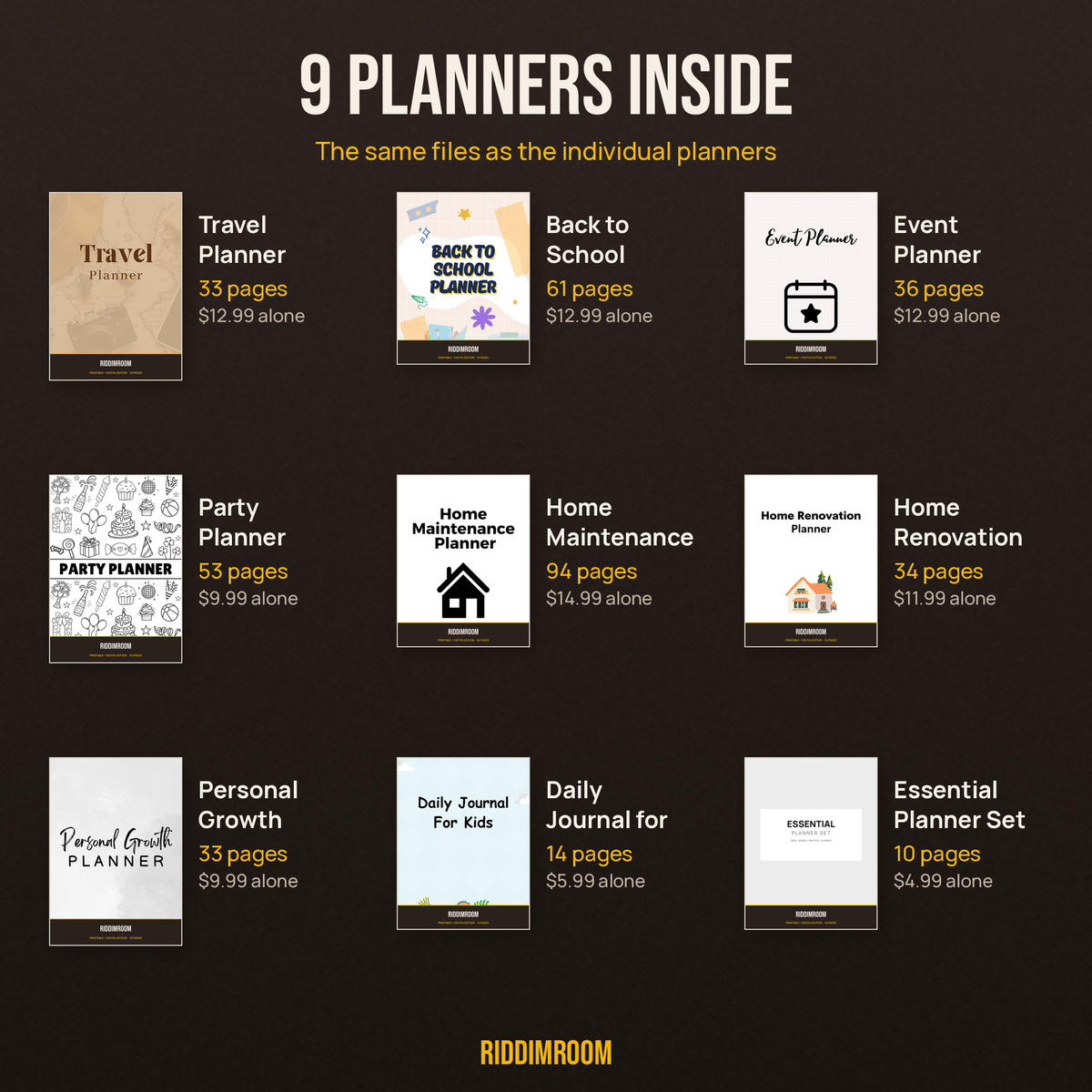 The 9 planners with page counts and individual prices