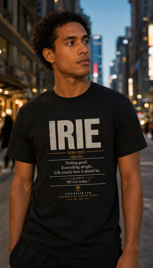 Irie T-Shirt — T-shirt mockup worn by a model in a cinematic urban setting