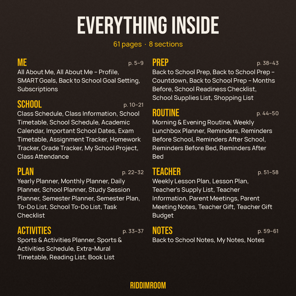 Every section and page in the 61-page back to school planner