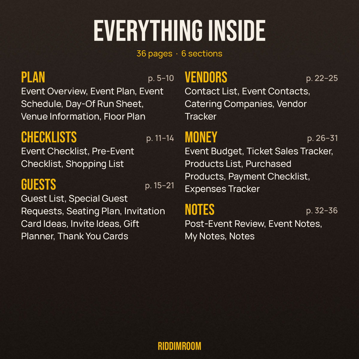 Every section and page in the 36-page event planner