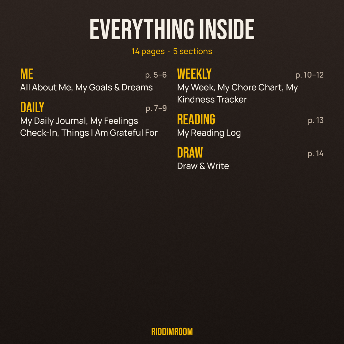 Every section and page in the 14-page daily journal for kids