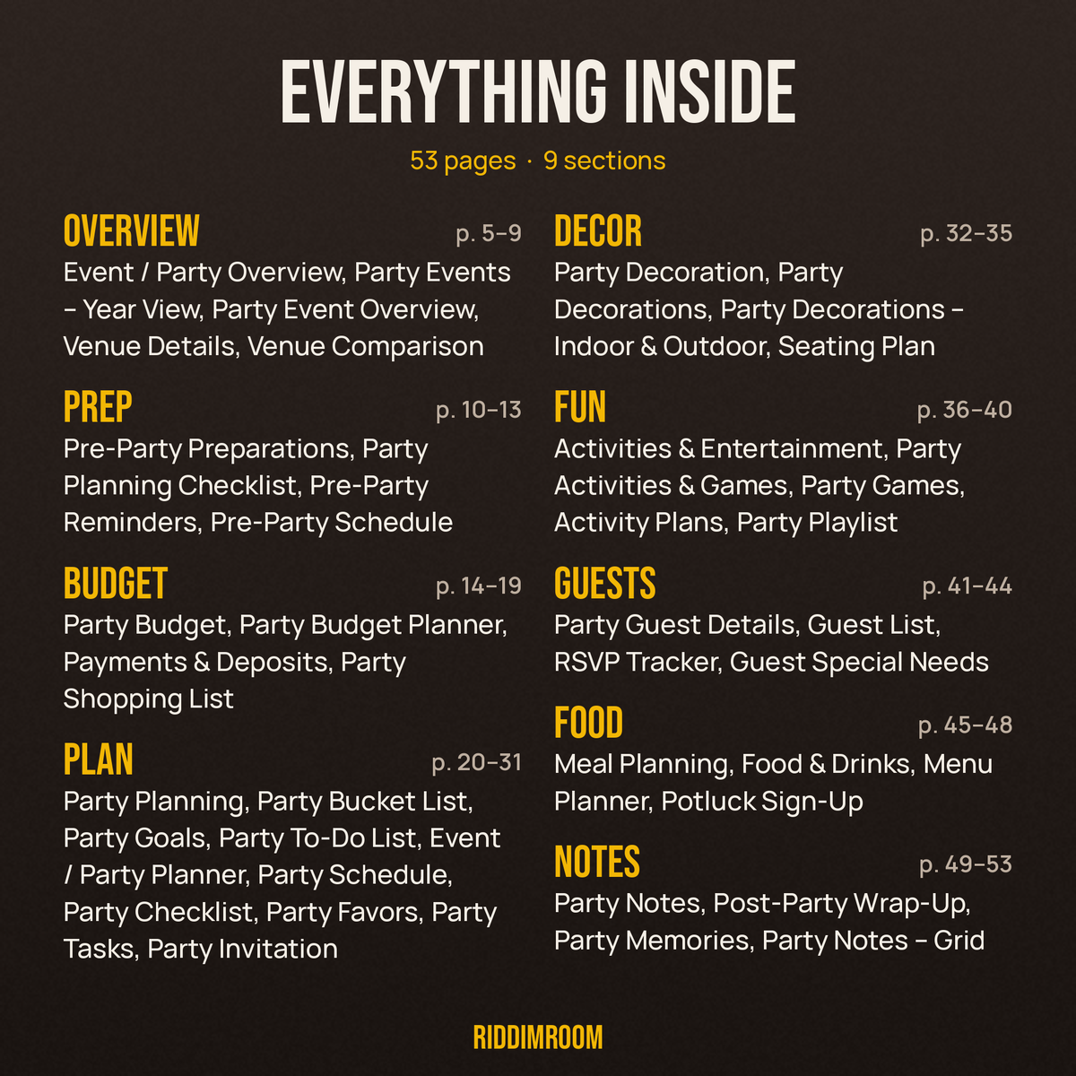 Every section and page in the 53-page party planner