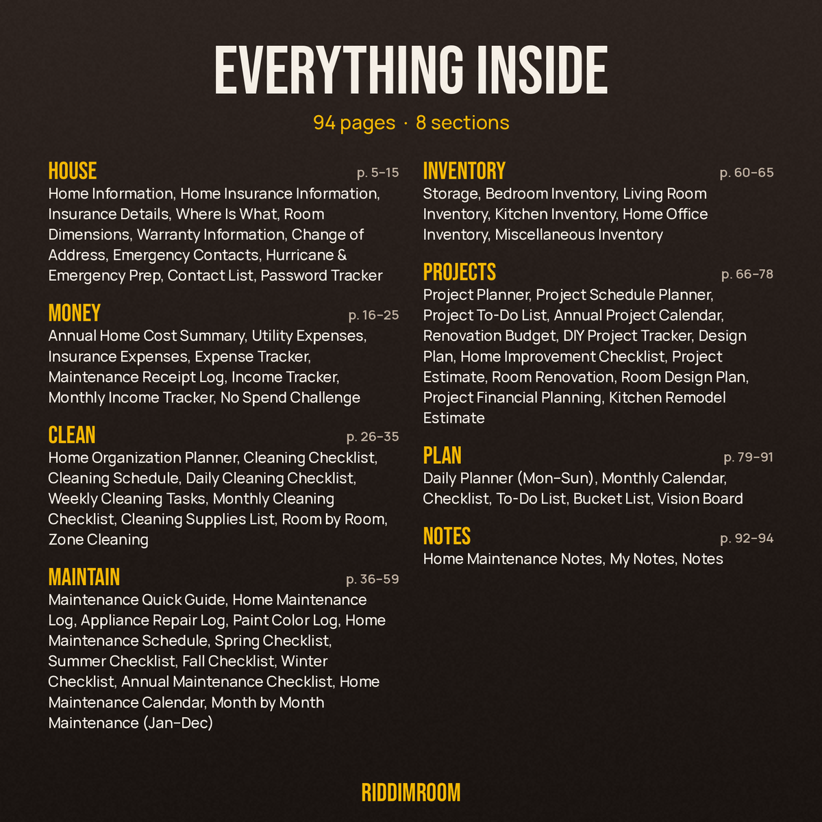 Every section and page in the 94-page home maintenance planner