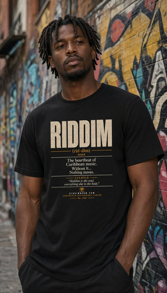 Riddim – The Heartbeat of Caribbean Music T-Shirt — T-shirt mockup worn by a model in a cinematic urban setting