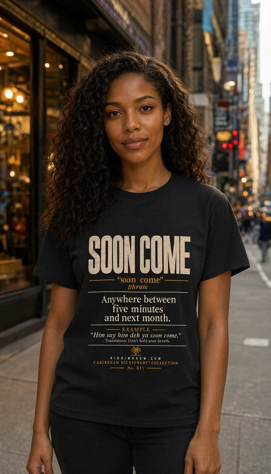 Soon Come T-Shirt — T-shirt mockup worn by a model in a cinematic urban setting