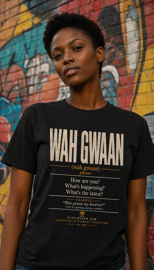 Wah Gwaan Jamaican Greeting T-Shirt — T-shirt mockup worn by a model in a cinematic urban setting