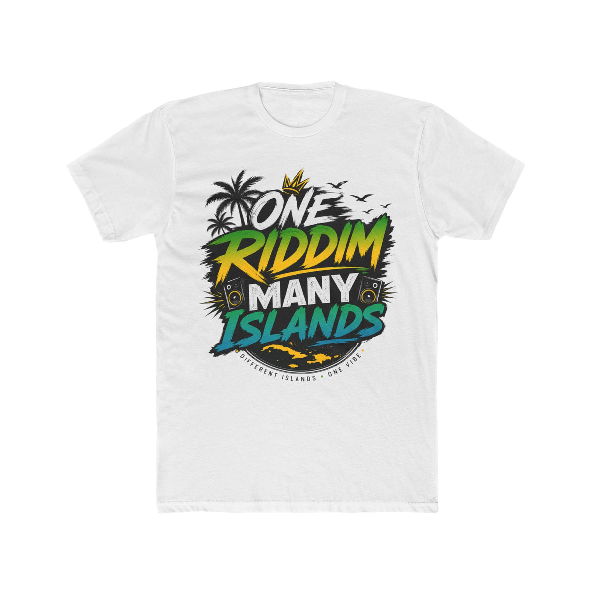 One Riddim Many Islands — White colorway, RiddimRoom Caribbean culture t-shirt