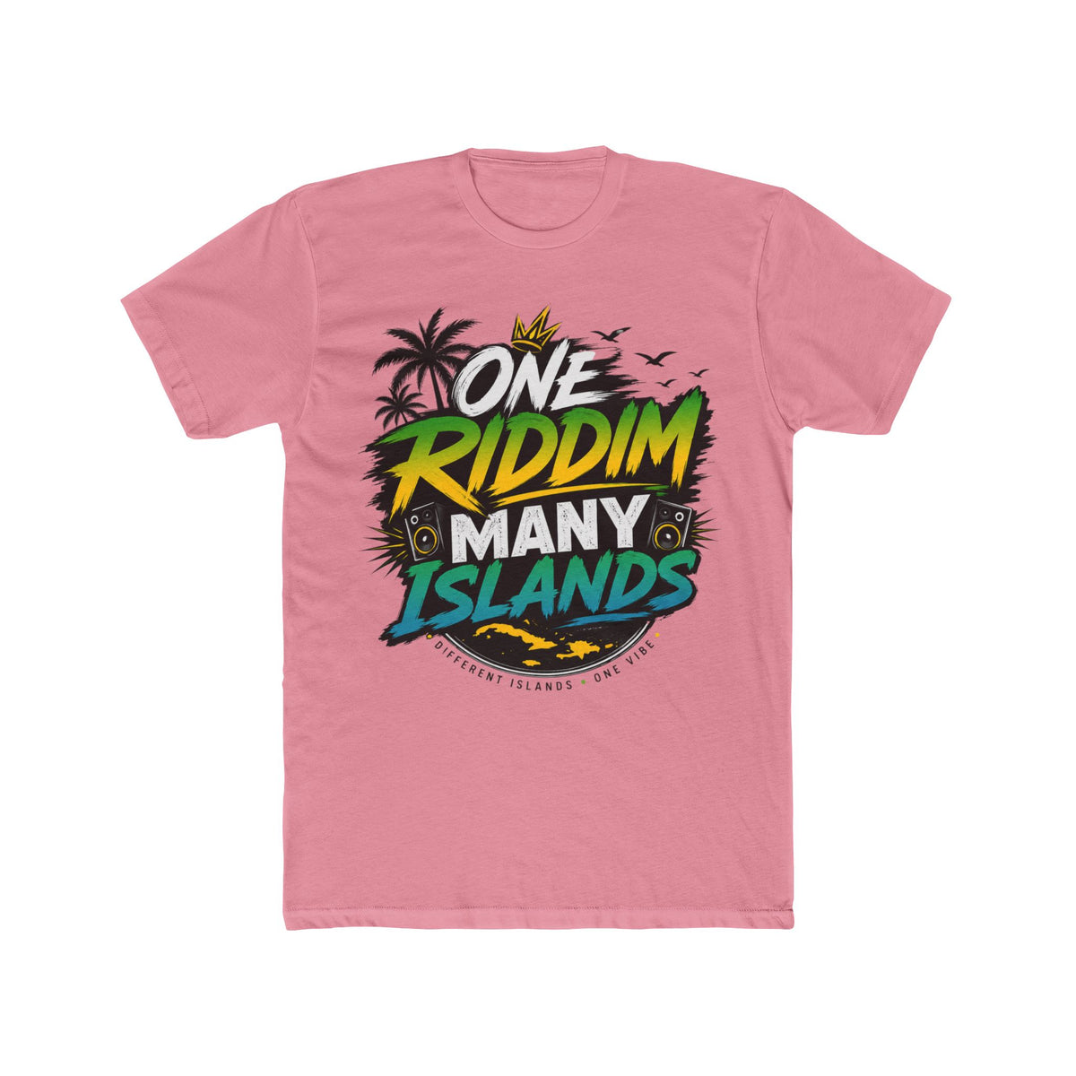 One Riddim Many Islands — Light Pink colorway, RiddimRoom Caribbean culture t-shirt