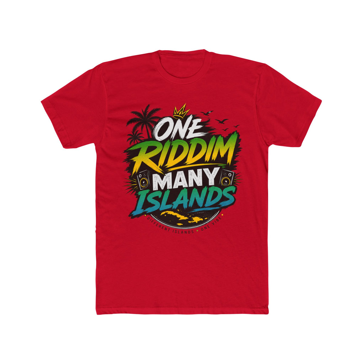 One Riddim Many Islands — Red colorway, RiddimRoom Caribbean culture t-shirt
