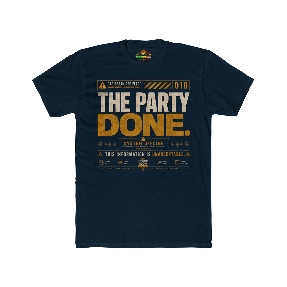Caribbean Red Flags - The Party Done — Midnight Navy colorway, RiddimRoom Caribbean culture t-shirt