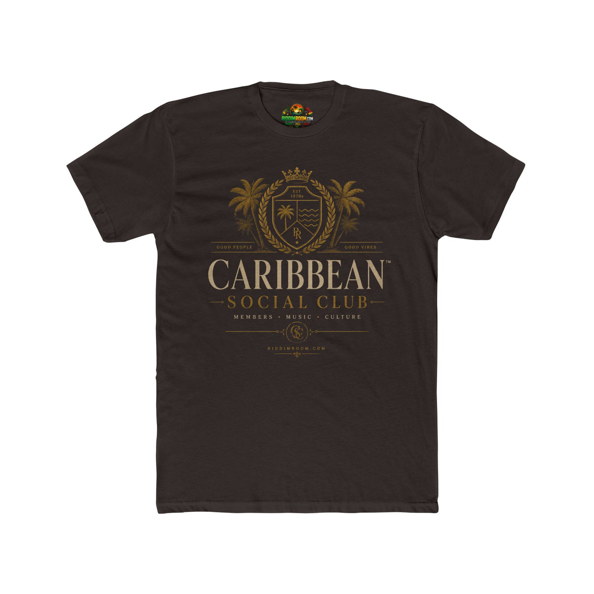 Caribbean Social Club — Dark Chocolate colorway, RiddimRoom Caribbean culture t-shirt