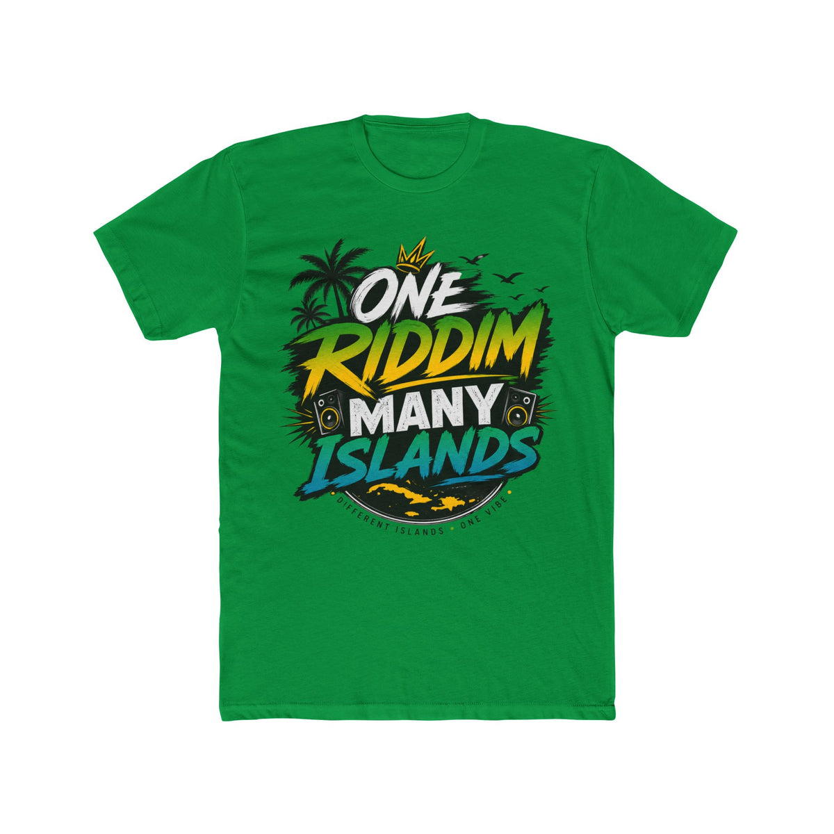One Riddim Many Islands — Kelly Green colorway, RiddimRoom Caribbean culture t-shirt