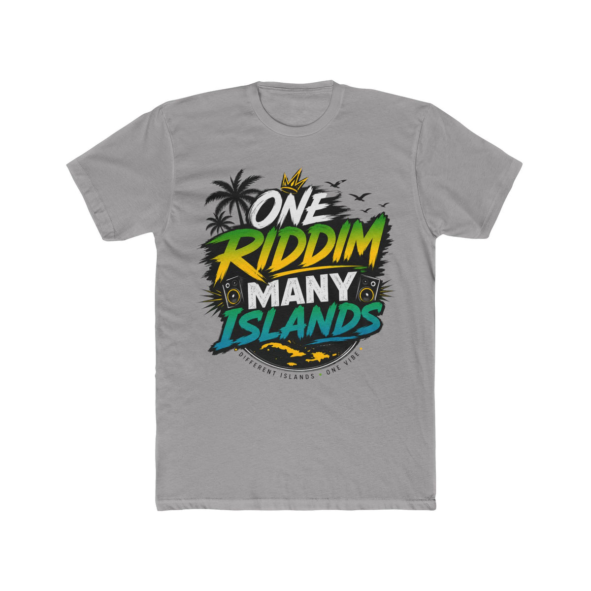 One Riddim Many Islands — Light Grey colorway, RiddimRoom Caribbean culture t-shirt