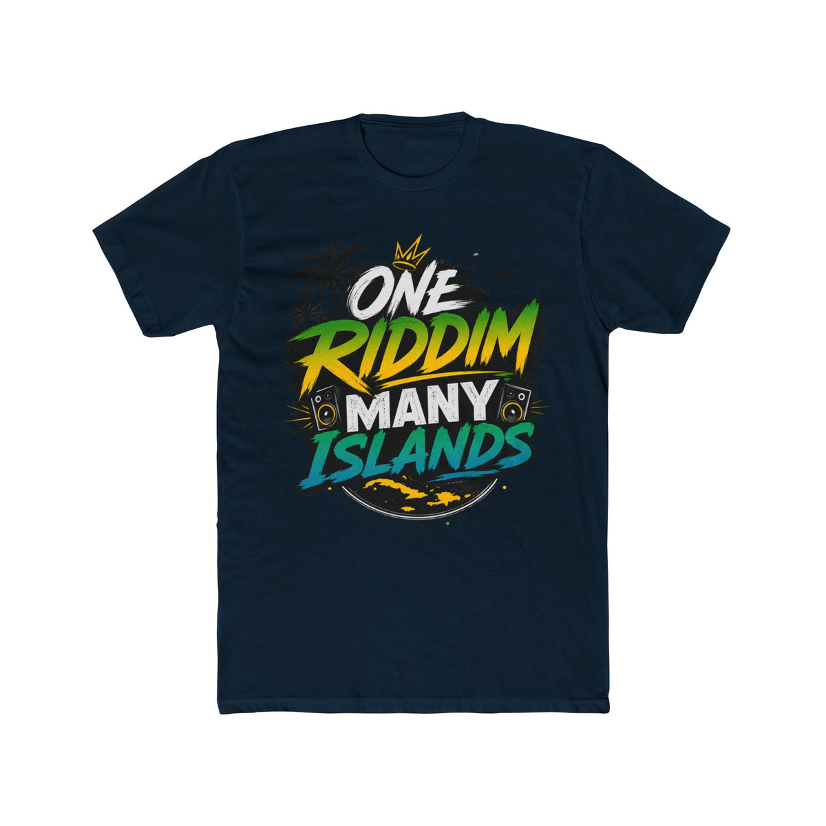 One Riddim Many Islands — Midnight Navy colorway, RiddimRoom Caribbean culture t-shirt