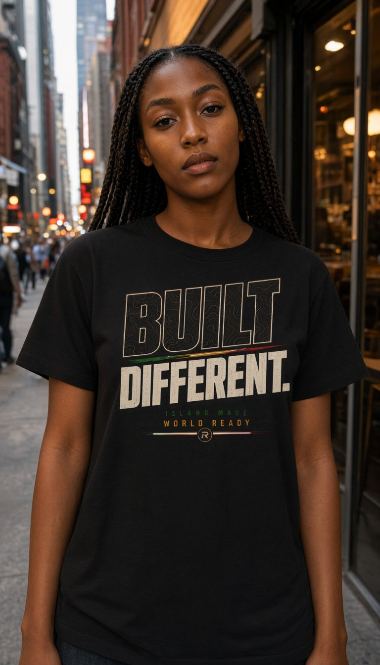 Built Different — T-shirt mockup worn by a model in a cinematic urban setting