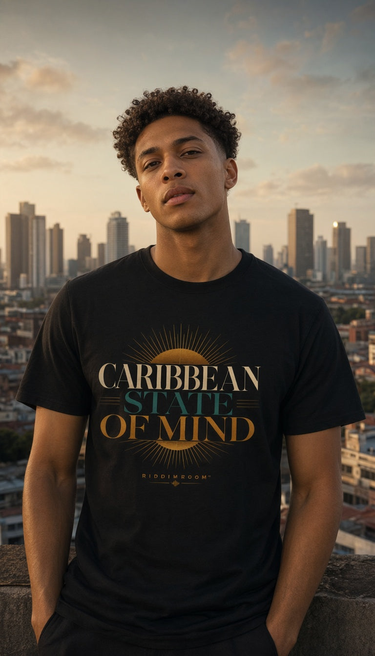 Caribbean State of Mind — T-shirt mockup worn by a model in a cinematic urban setting