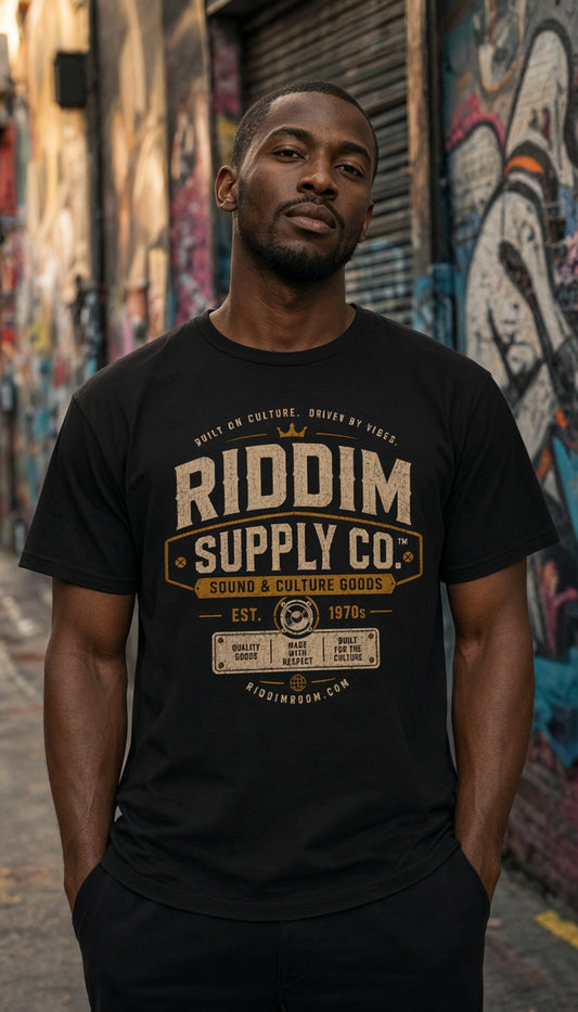 Riddim Supply Co. Classic Logo Tee — T-shirt mockup worn by a model in a cinematic urban setting