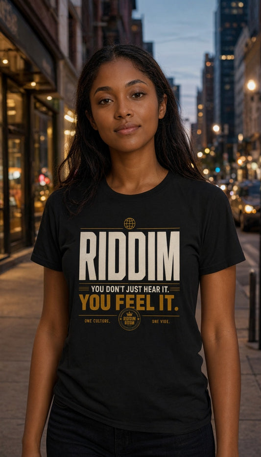 Riddim You Just Dont Hear It — T-shirt mockup worn by a model in a cinematic urban setting