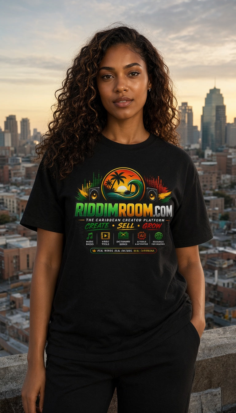 RiddimRoom.com Creator Platform Tee — T-shirt mockup worn by a model in a cinematic urban setting