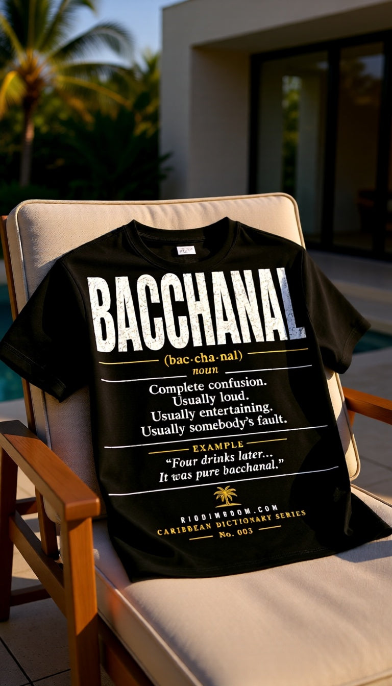 Bacchanal Caribbean Dictionary t-shirt, lifestyle photo