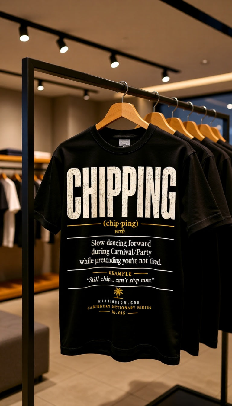 Chipping Caribbean Dictionary t-shirt, lifestyle photo