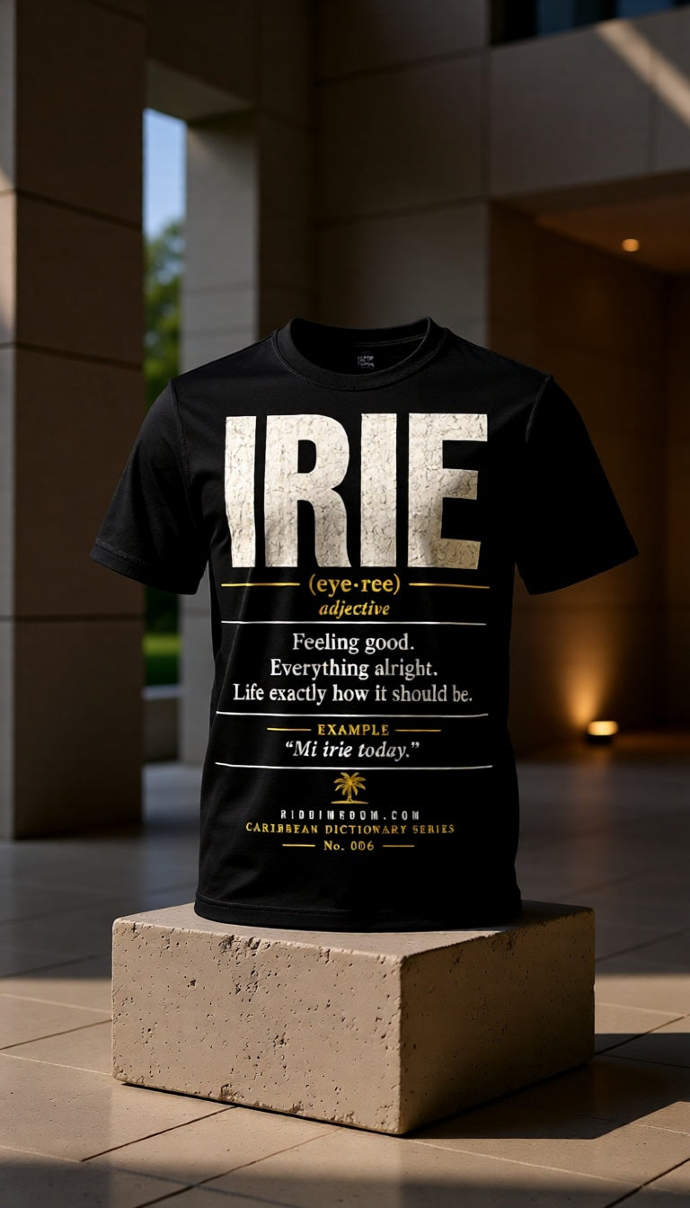 Irie Caribbean Dictionary t-shirt, lifestyle photo